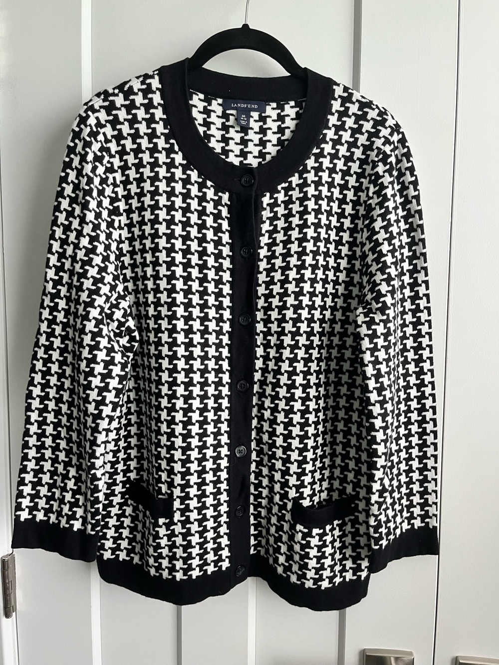 Lands End Black and White Houndstooth Knit Cardigan Sweater Sz M